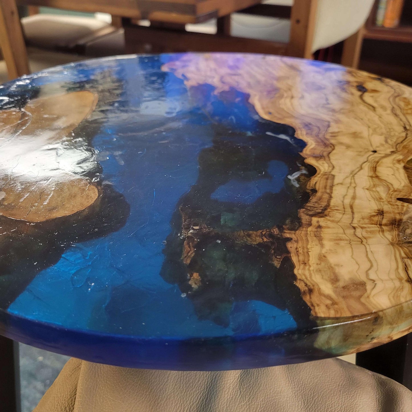 Olive Wood Ocean Epoxy End Table 16"L x 16"W x 30"H w/ Steel Legs