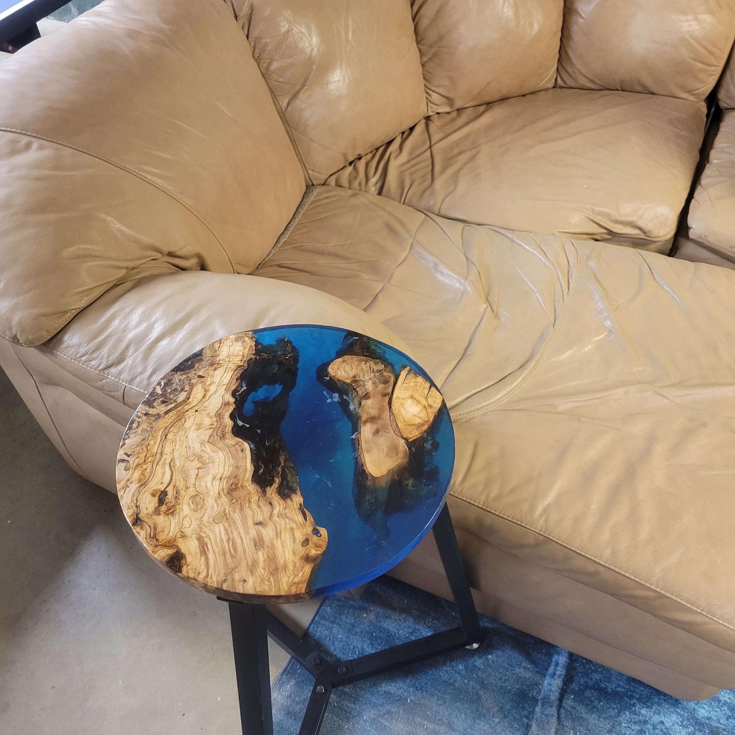 Olive Wood Ocean Epoxy End Table 16"L x 16"W x 30"H w/ Steel Legs
