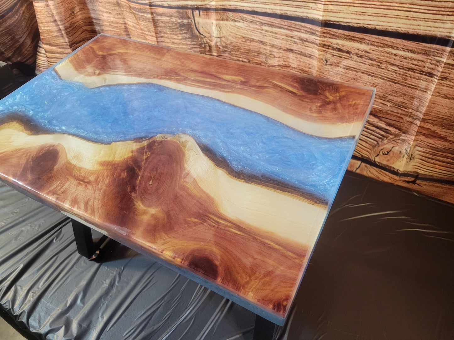 Fine Red Cedar Epoxy River Table 24"L x 16"W x 17"H w/ Steel Legs - Made in USA!