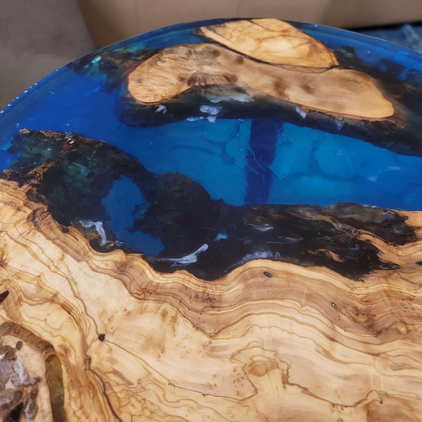 Olive Wood Ocean Epoxy End Table 16"L x 16"W x 30"H w/ Steel Legs