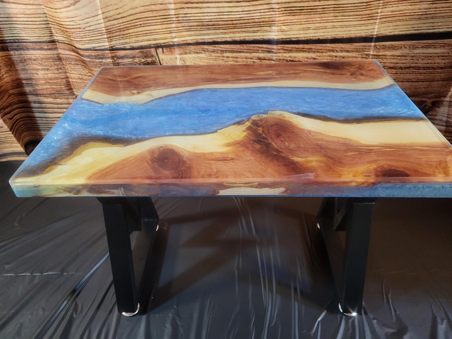 Fine Red Cedar Epoxy River Table 24"L x 16"W x 17"H w/ Steel Legs - Made in USA!