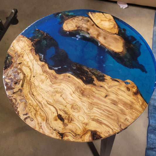 Olive Wood Ocean Epoxy End Table 16"L x 16"W x 30"H w/ Steel Legs