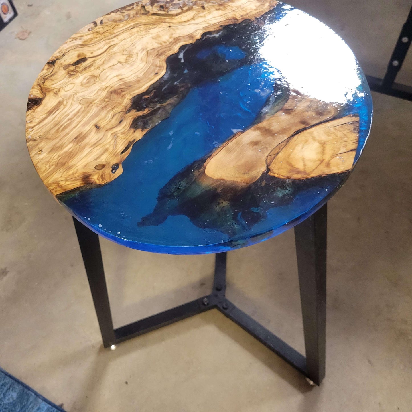 Olive Wood Ocean Epoxy End Table 16"L x 16"W x 30"H w/ Steel Legs