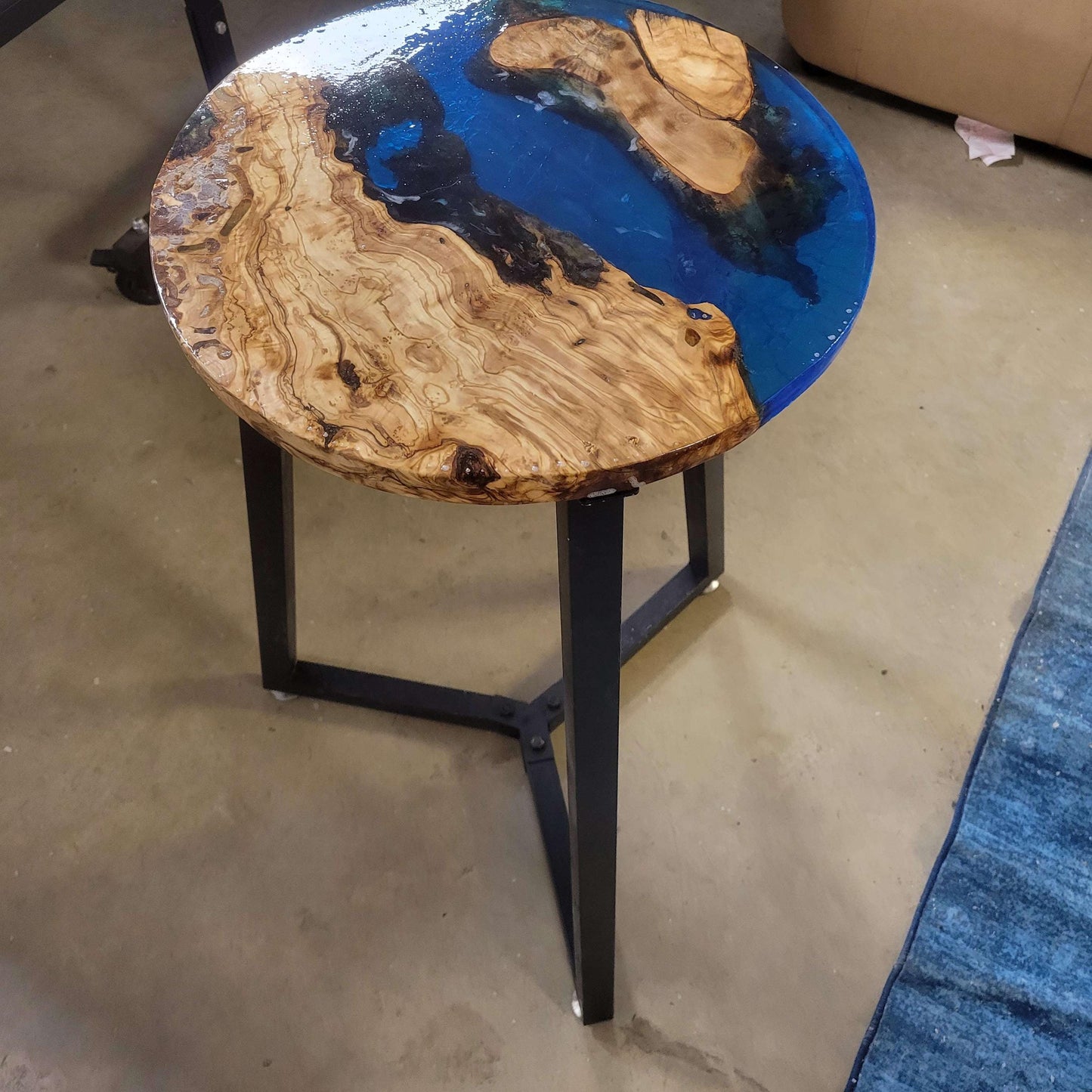 Olive Wood Ocean Epoxy End Table 16"L x 16"W x 30"H w/ Steel Legs