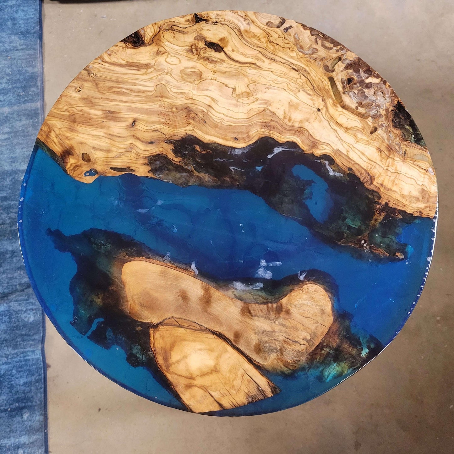 Olive Wood Ocean Epoxy End Table 16"L x 16"W x 30"H w/ Steel Legs