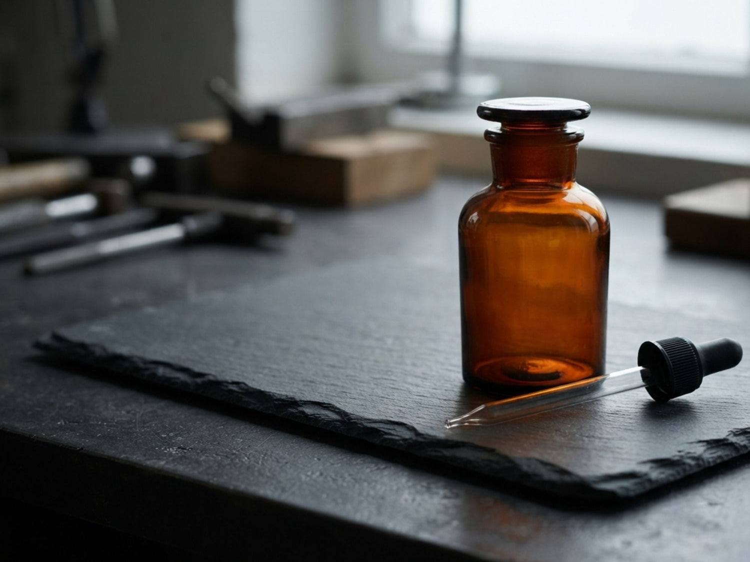 Amber glass acid bottle with ground glass stopper and a glass dropper pipette