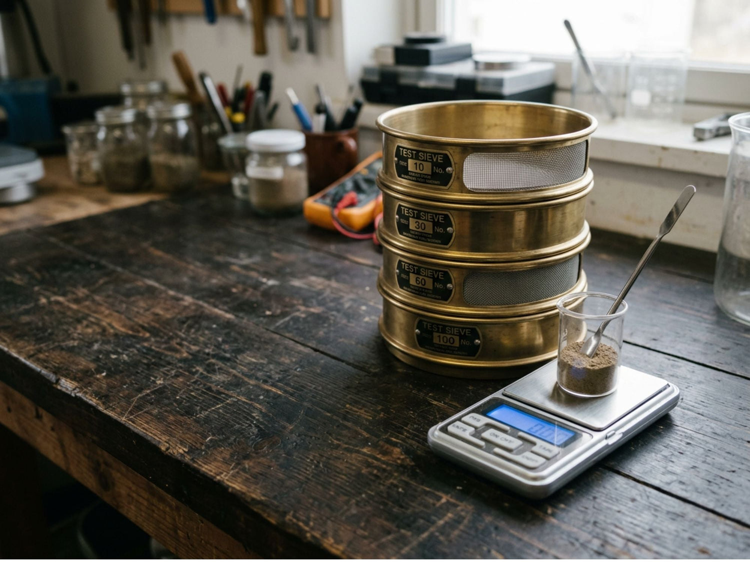Stack of brass test sieves beside a small digital scale on a workshop bench