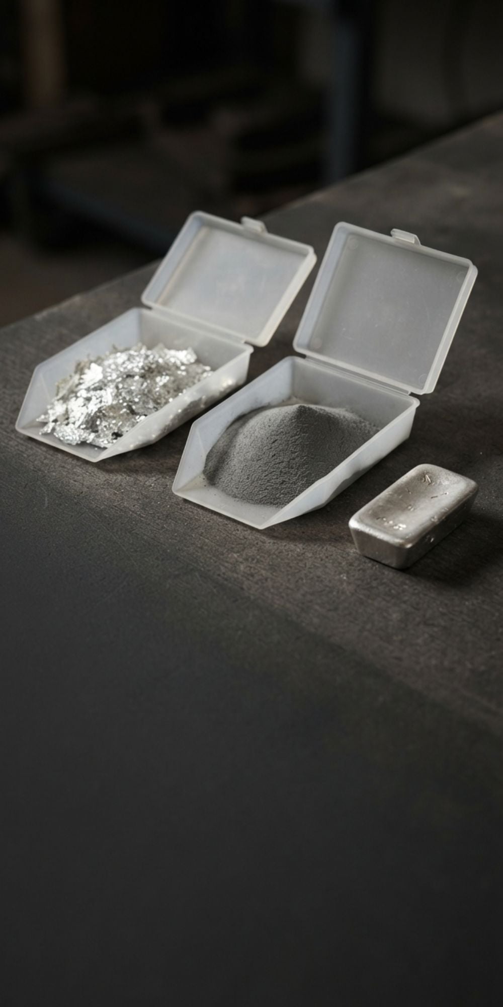 Aluminium flake and iron powder in open weigh boats beside a small metal ingot