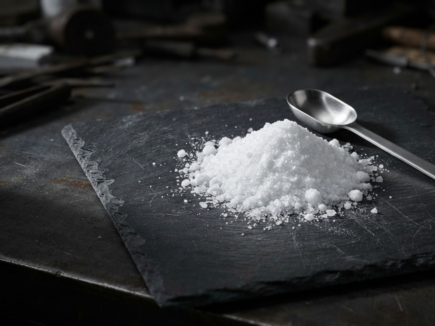 Heap of white crystalline oxidizer powder on dark slate with a stainless scoop