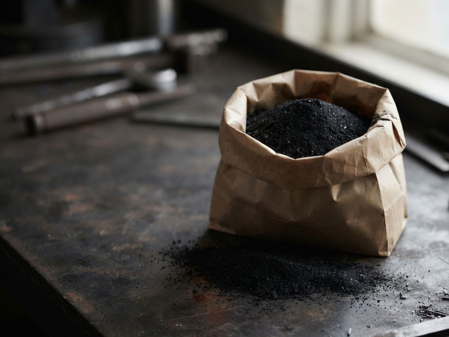 Open kraft paper bag of fine dark carbon binder and fuel powder on a bench