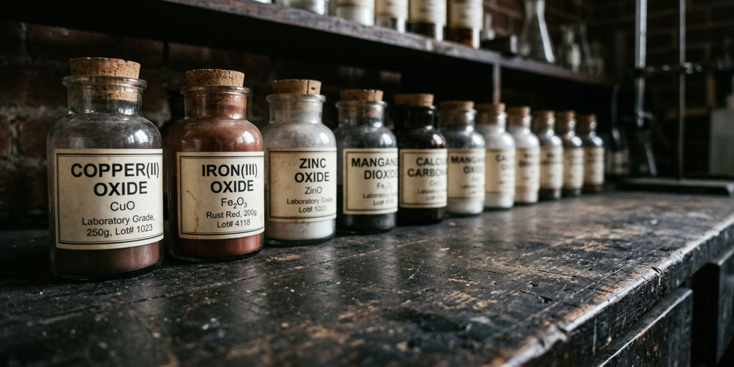 Row of glass jars of oxides and compounds receding along a wooden shelf