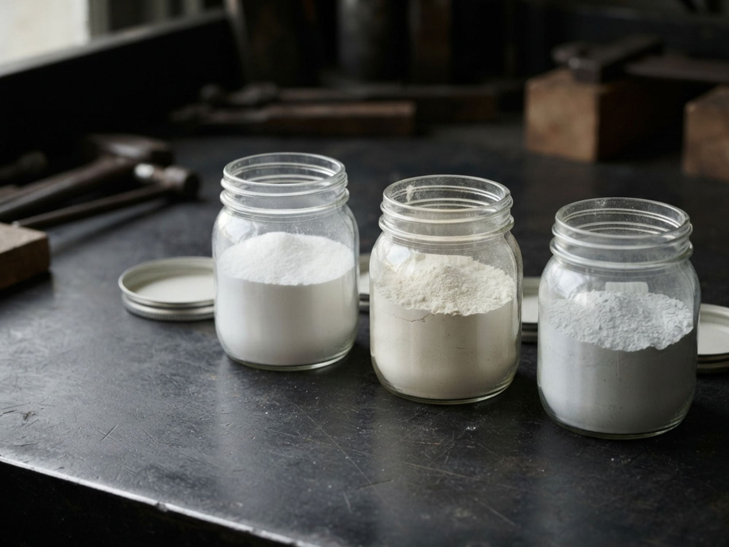 Three open jars of pale salts, oxides and carbonates in a row on a dark bench
