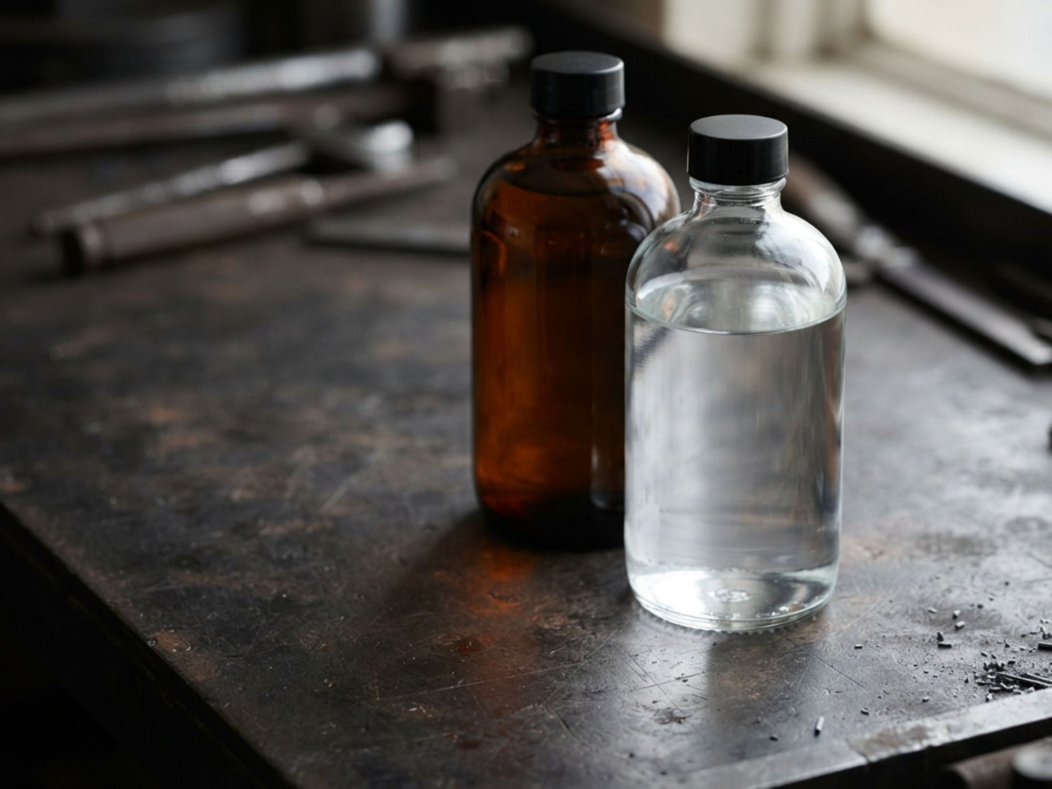 Clear and amber glass solvent bottles with side light passing through them