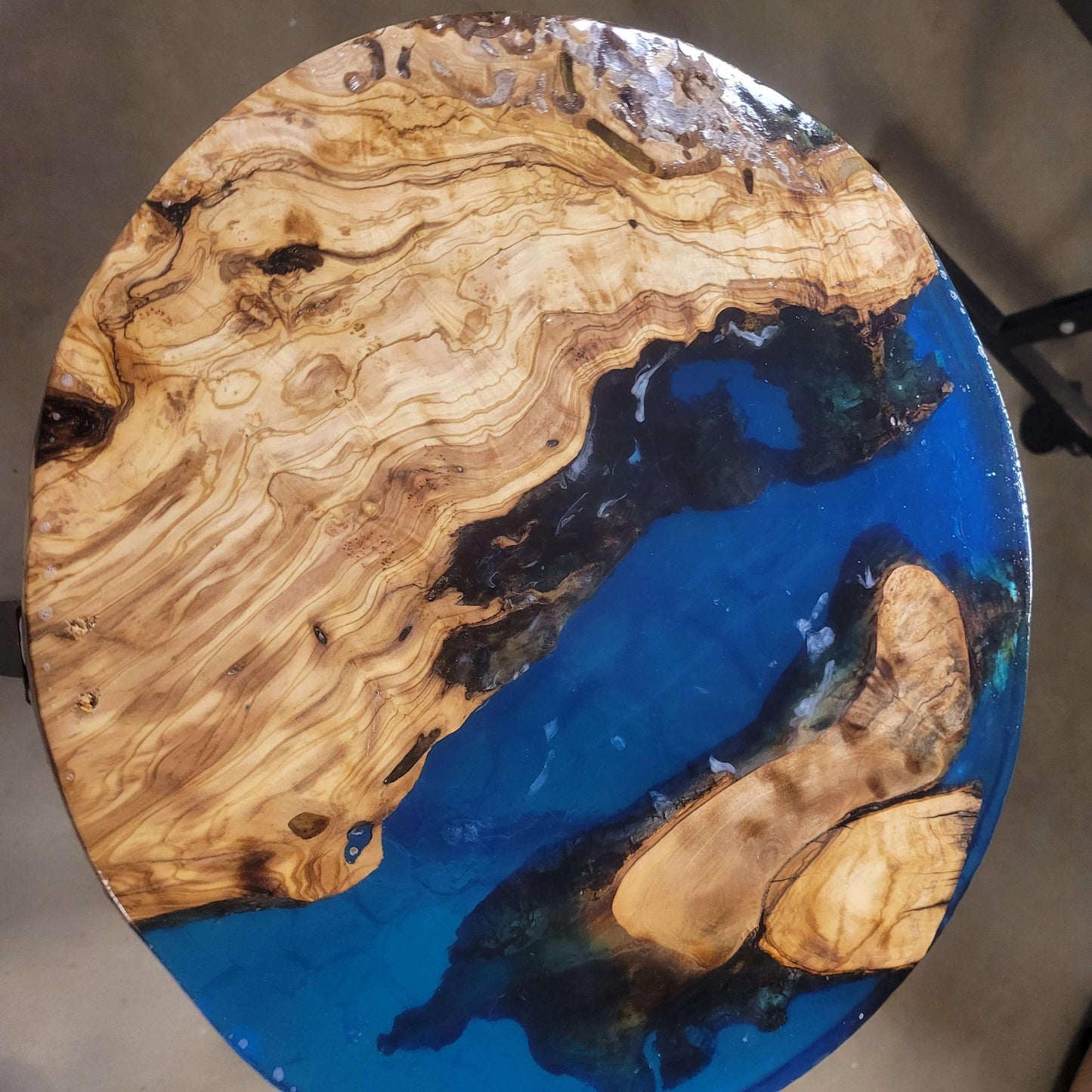 Olive Wood Ocean Epoxy End Table 16"L x 16"W x 30"H w/ Steel Legs