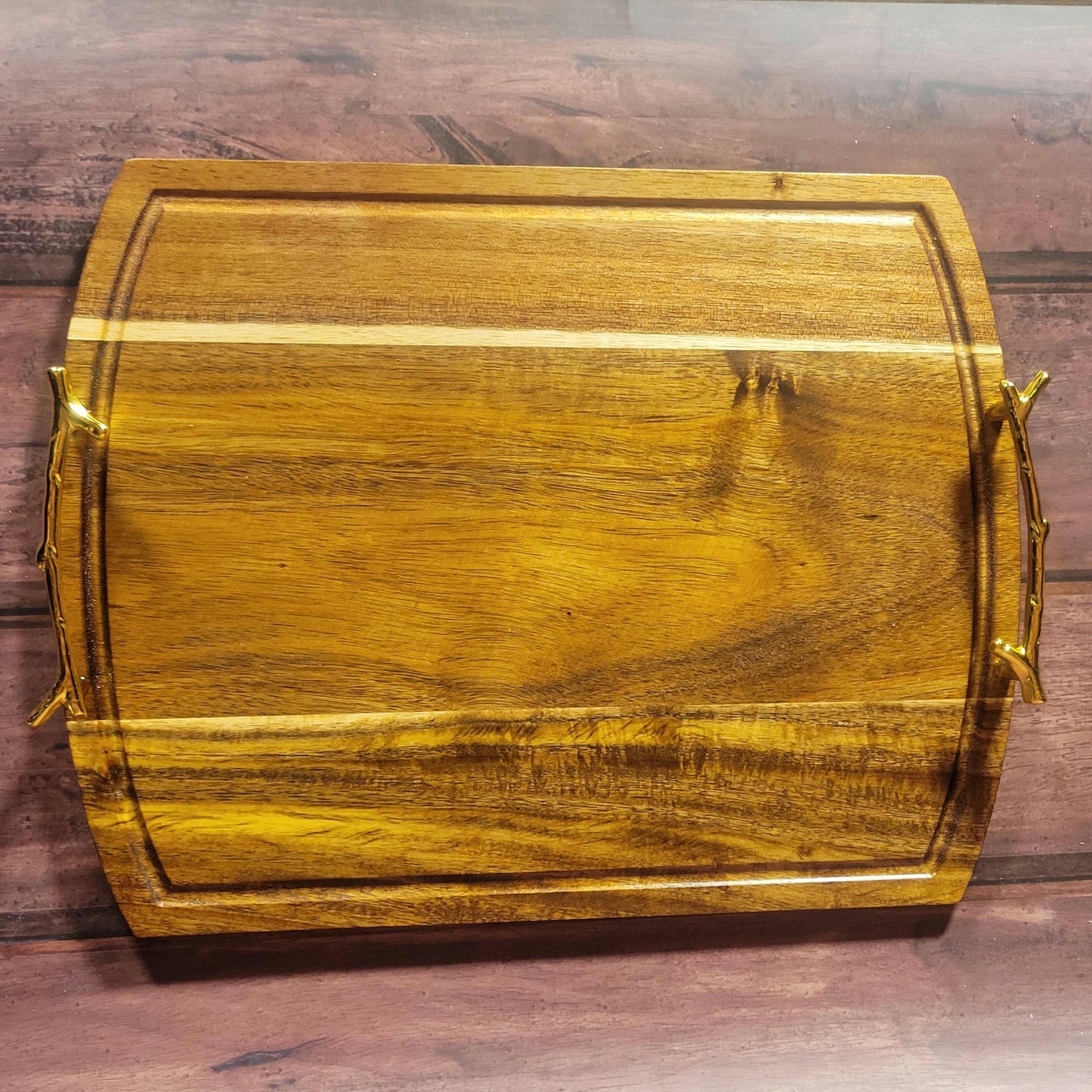 Fine Acacia Wood 14"w x 11"h Cutting/Charcuterie Board W/ Gold Branch Handles