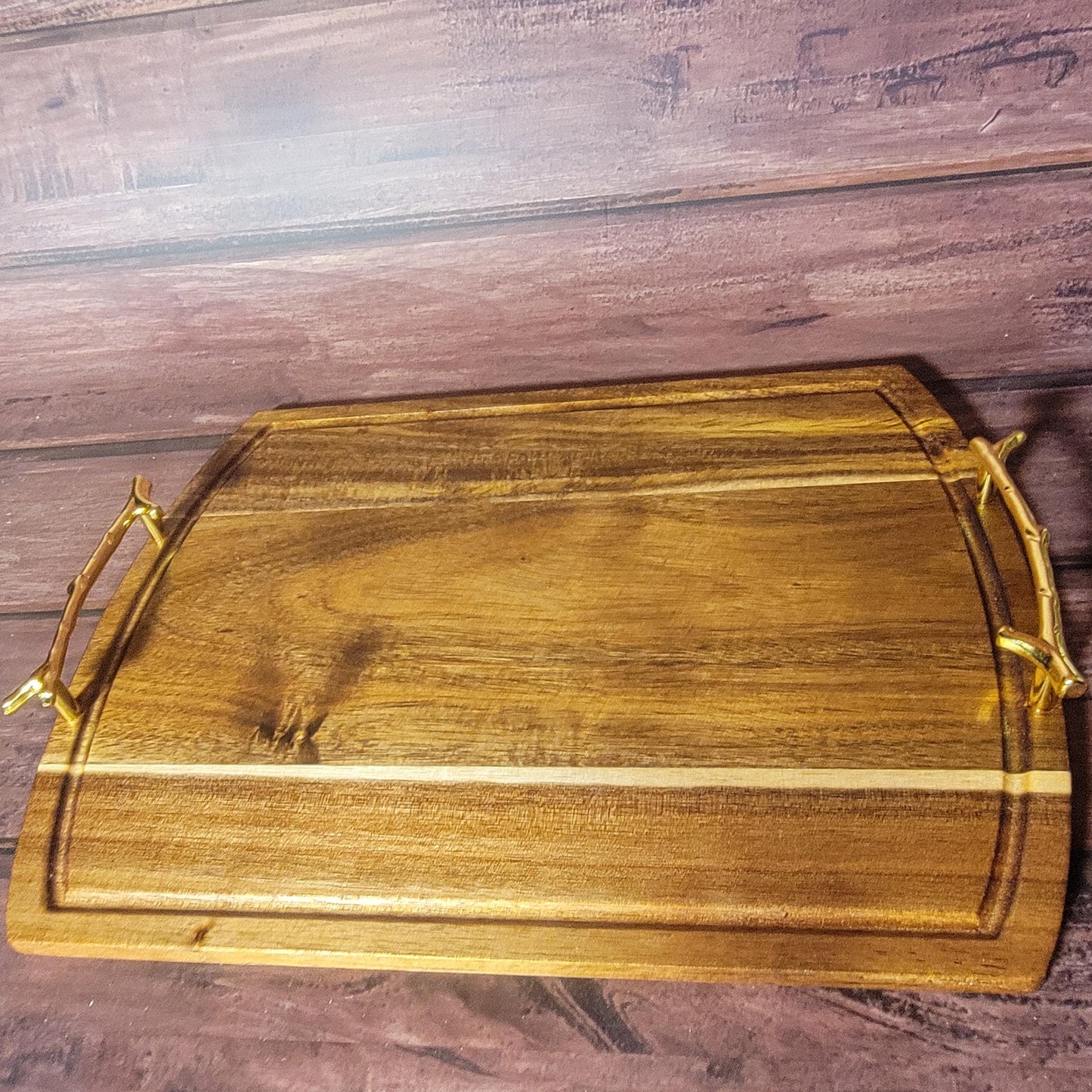 Fine Acacia Wood 14"w x 11"h Cutting/Charcuterie Board W/ Gold Branch Handles