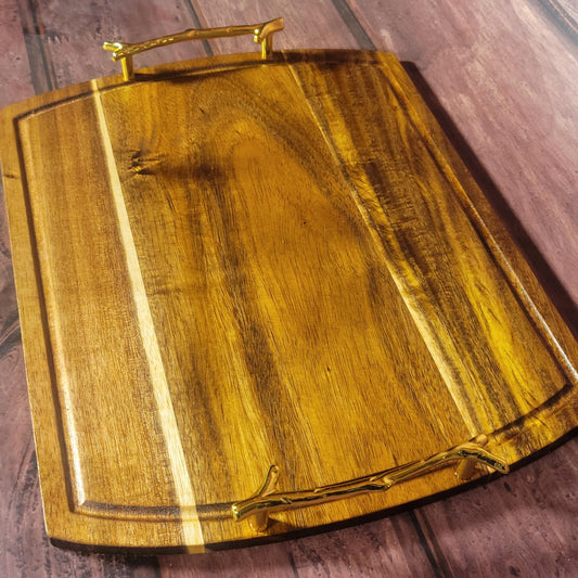 Fine Acacia Wood 14"w x 11"h Cutting/Charcuterie Board W/ Gold Branch Handles