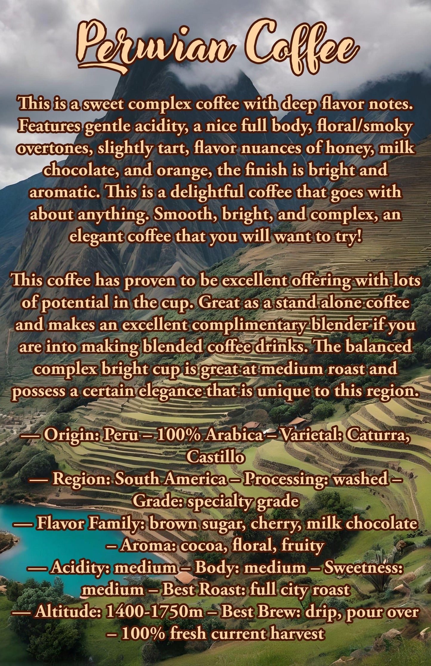 12 Oz Peruvian Coffee | 100% Arabica Coffee Beans | Gift Ideas |  Best Seller |
